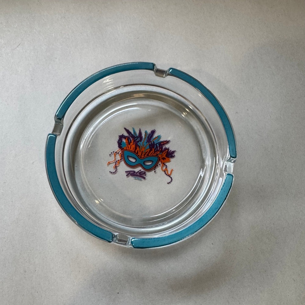Rio Las Vegas Casino Glass Ashtray Masquerade Mask Logo Teal Rim Vintage